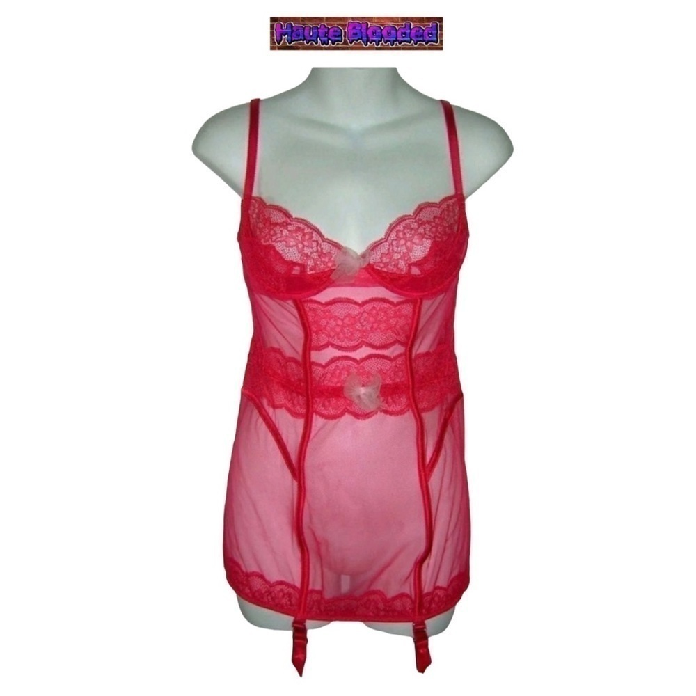 Victorias Secret Red Sheer Lace Bows Garter Cami Sexy Boudoir Pin Up Negligee